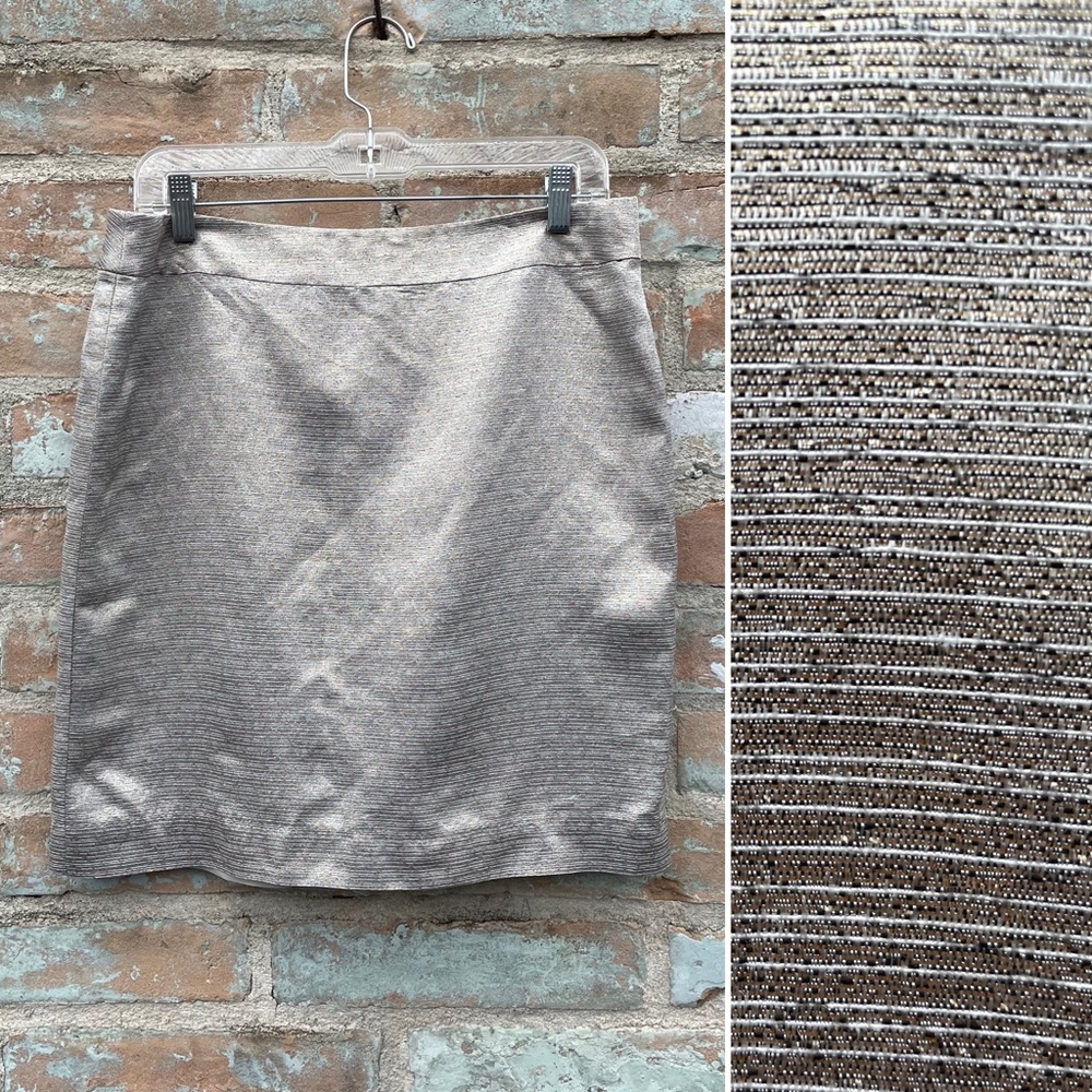 LOFT Mini Skirt Taupe Gold Metallic Textured Weave Straight Cut Neutral Medium
